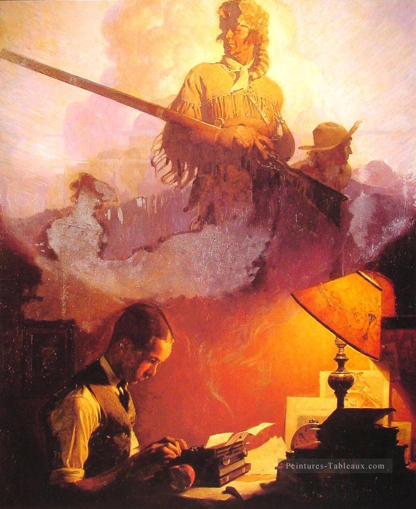 and daniel boone comes to life on the underwood portable 1923 Norman Rockwell Oil Paintings